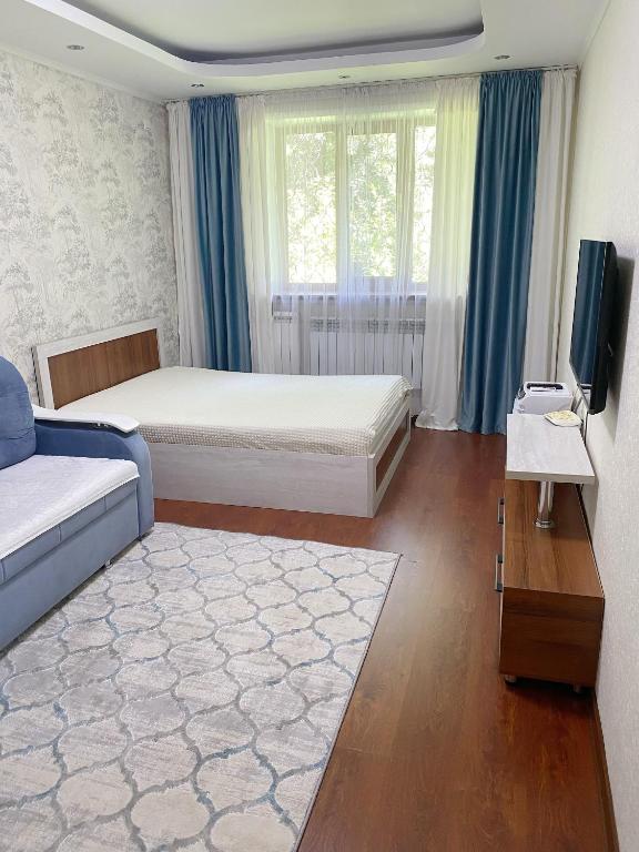 阿拉木图Апартаменты аэропорт的一间卧室配有一张床、一台电视和一张沙发