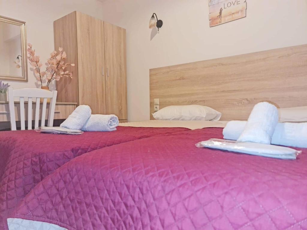 派莱卡斯艾格尼丝旅馆的一间卧室配有两张紫色毯子的床