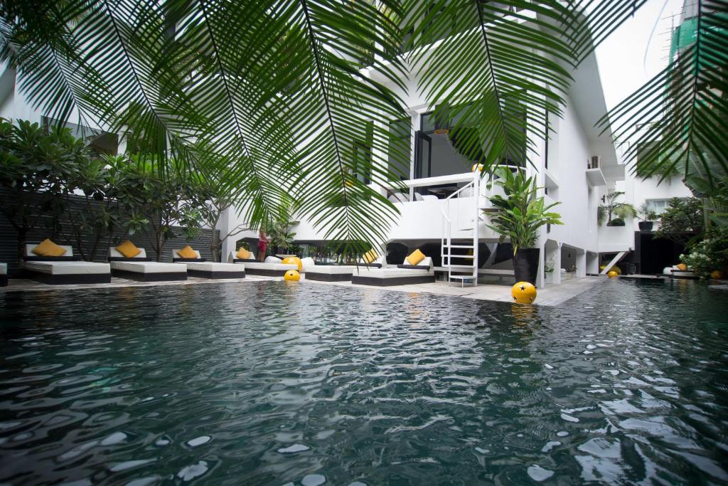 金边亚瑟和保罗酒店- 仅限男士入住酒店的棕榈树天花板的酒店游泳池