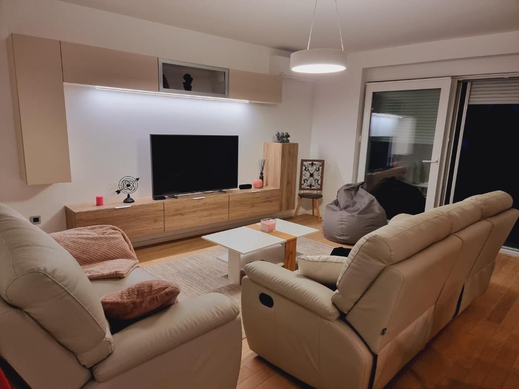 科普里夫尼察Skitnica Prestige的客厅配有2把椅子和平面电视