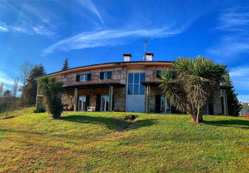 阿马兰特Quinta do Casarão by VinteOito - Casa de Campo com Piscina的一座大房子,位于一座小山上,前面有棕榈树