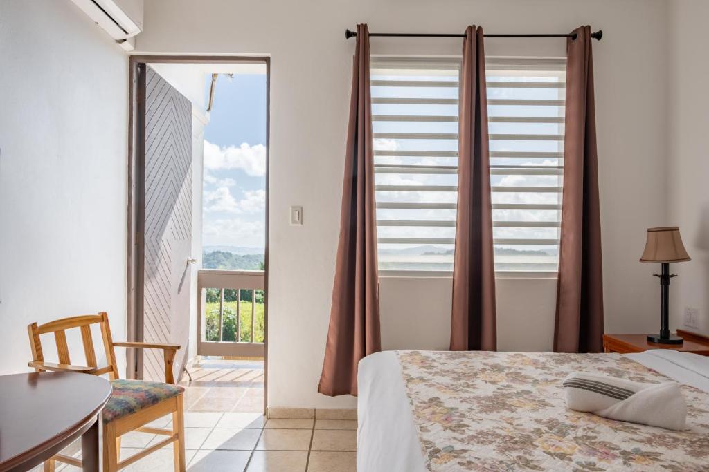 Barranquitas玛格丽塔庄园酒店的一间卧室配有一张床、一张桌子和一个窗户。