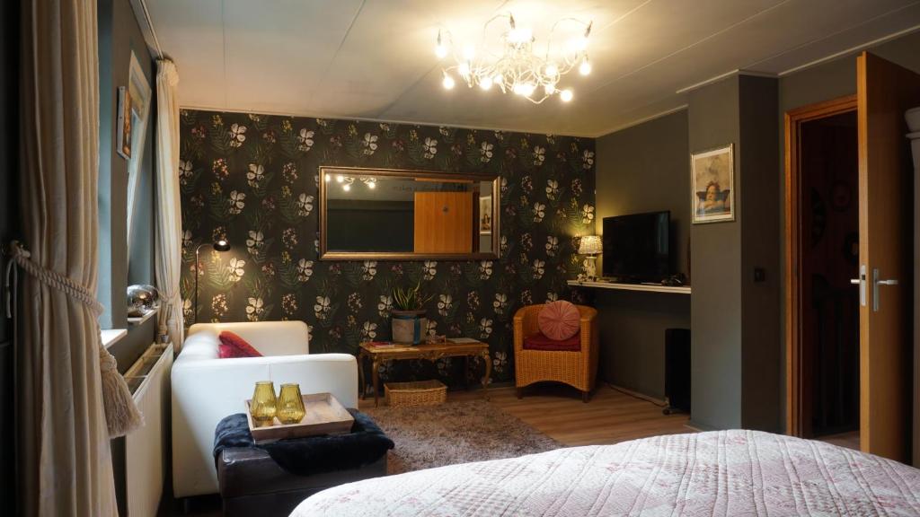 Ter ApelB&B aan het bos的一间卧室配有一张床、一张沙发和一台电视