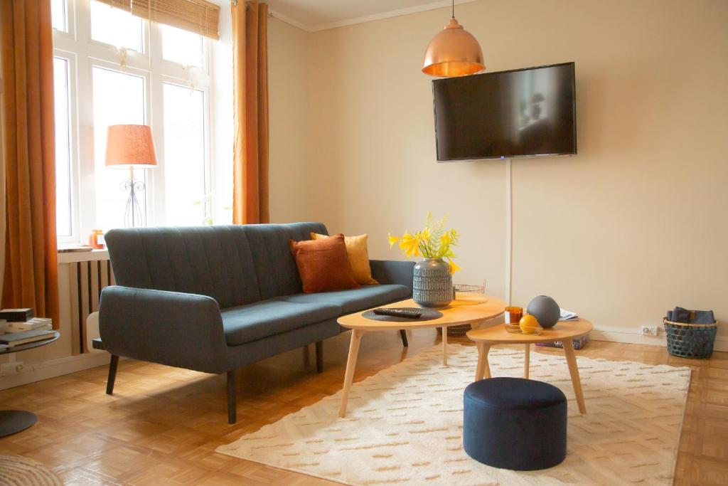 奥勒松Light Sentral Apartment Ålesund的客厅配有蓝色的沙发和电视