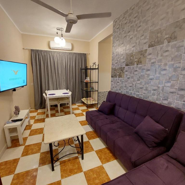 马萨阿拉姆Coral flat with 2 bedrooms and 3 balconies .的客厅配有紫色沙发和平面电视