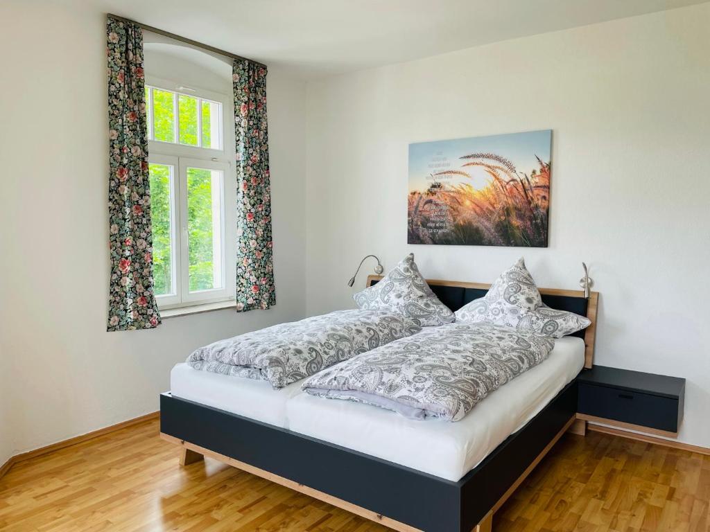 茨维考"Glück auf" Lichtdurchflutete schicke Ferienwohnung in Zwickau的一间卧室设有一张床和两个窗户。