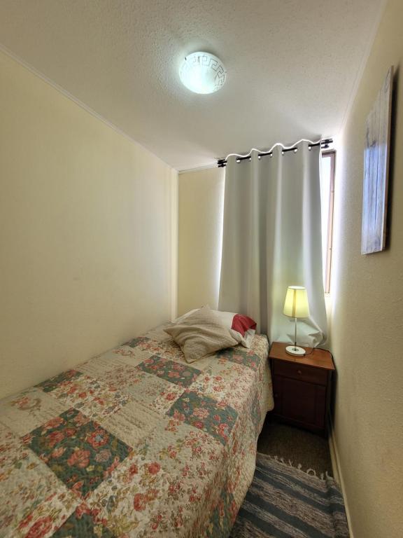 科皮亚波Atacama Valley 10的一间卧室配有一张床和一张带台灯的桌子