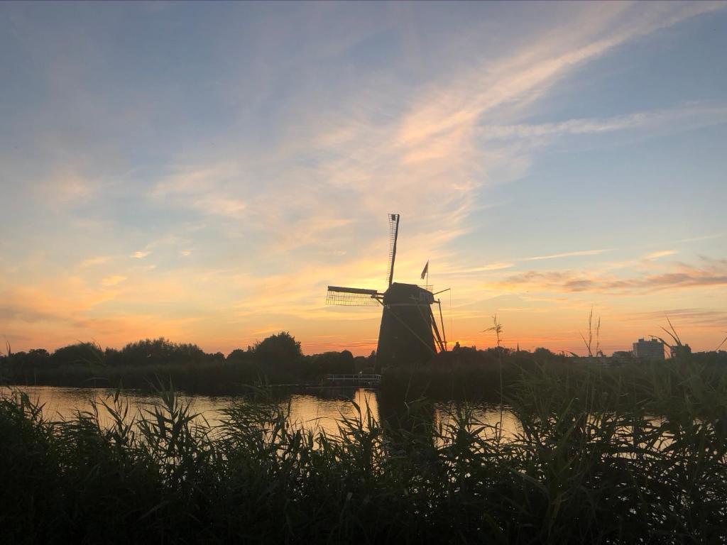 鹿特丹Chalet aan de Rotte的地里的一个风车,背景是日落