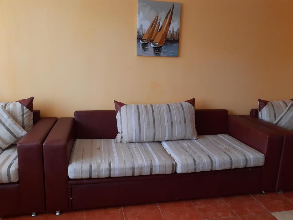 曼加利亚Apartament Gabriela的棕色的沙发上带条纹枕头