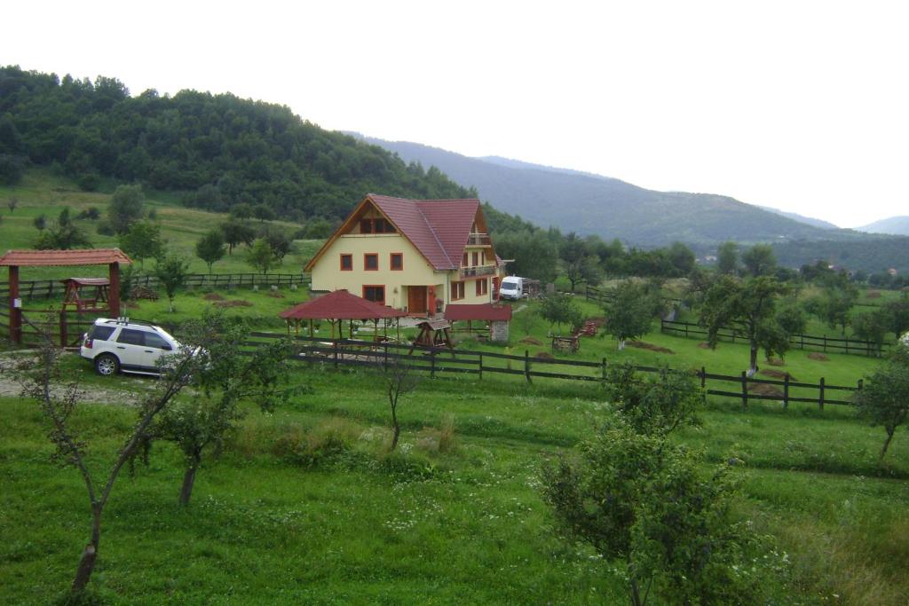 思贝儿Pensiunea Printul Vlad的田野里的房子,前面有停车位