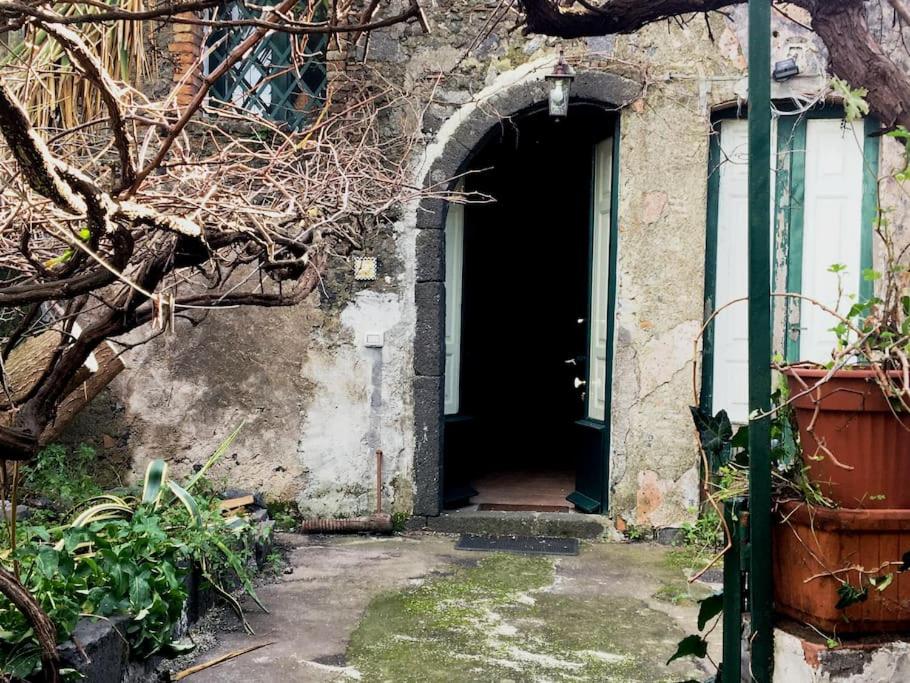 特雷卡斯塔尼CASETTA ROMANTICA Tra Etna e mare的一座带绿门的老建筑的入口