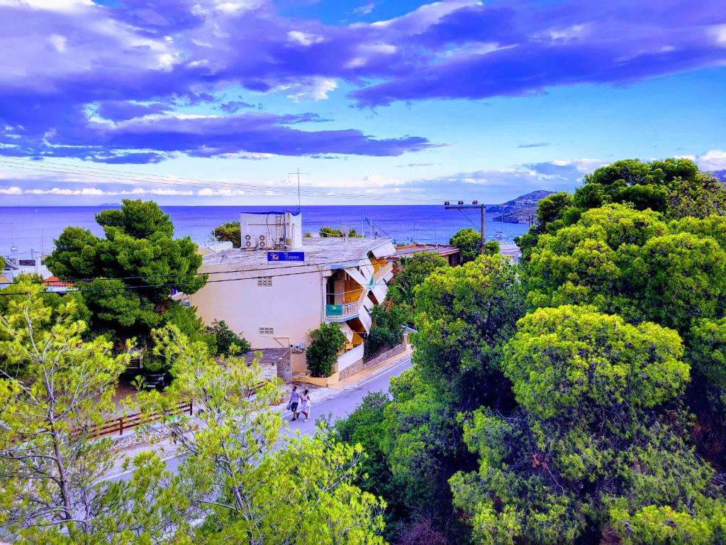 阿吉亚玛丽娜Possidon的背景中海洋的房屋的空中景观