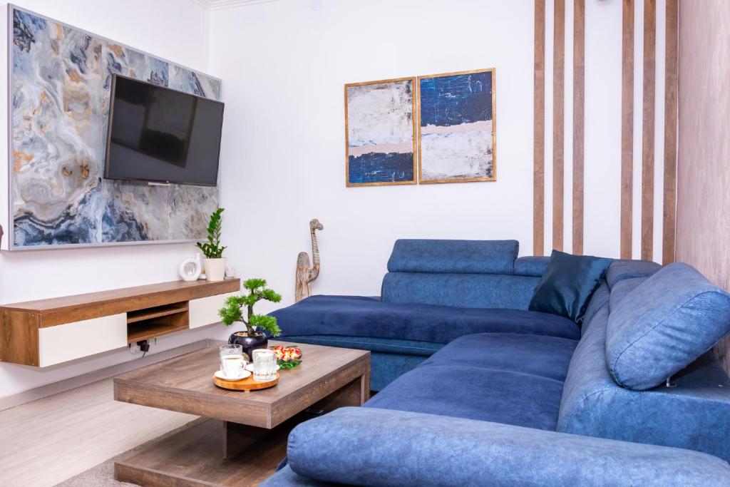 索科矿泉村HONEYMOON APARTMAN的客厅配有2张蓝色沙发和电视