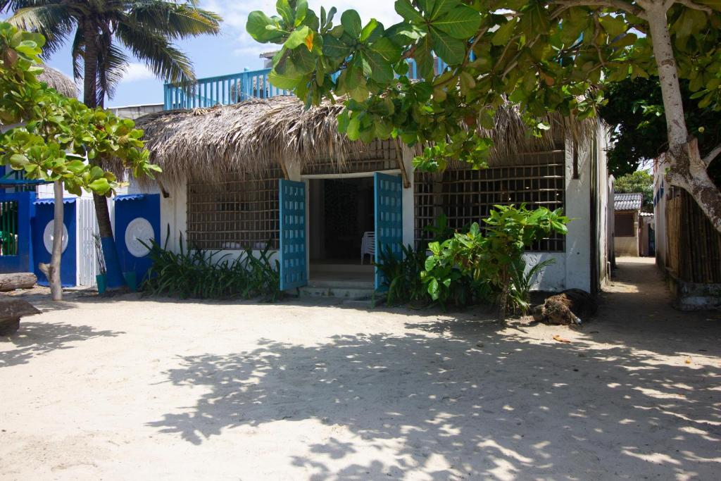 RincónCabaña CasaMare的一座带草屋的建筑,里面种着棕榈树