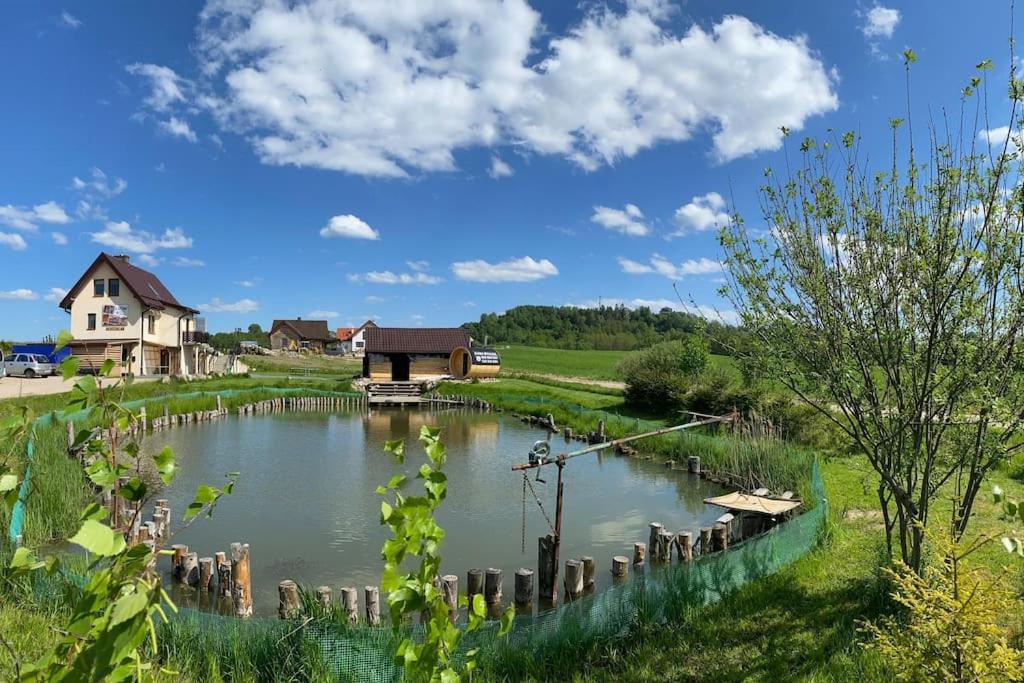 戈乌达普Apartament Pod Górką Gołdap的田野的池塘,有房子的背景