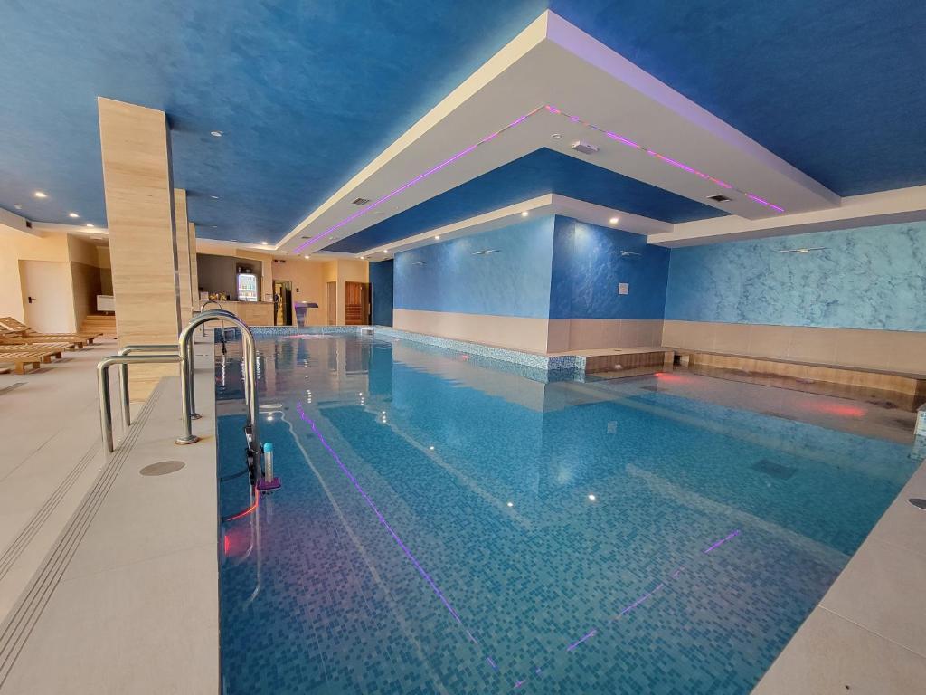 兹拉蒂博尔Goldview Apartmani的一座拥有蓝色墙壁的酒店的大型游泳池
