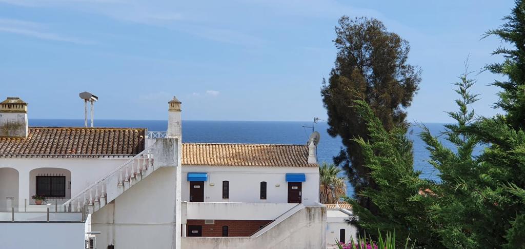 阿尔布费拉Beach View Vela House的一座白色的房子,背景是大海