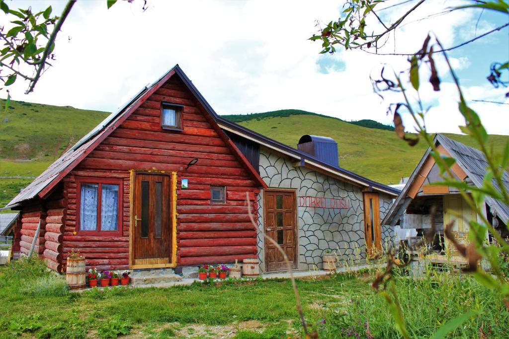 福伊尼察Koliba Nazif Softić的小木屋,后面是绿色的山丘