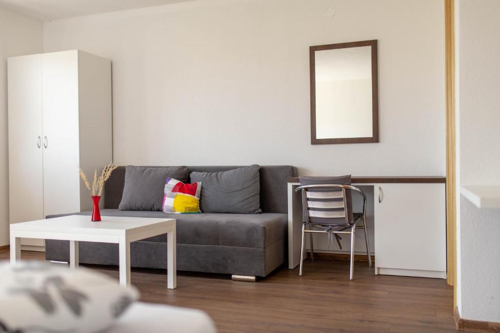 ProzorApartmani Mia的客厅配有灰色的沙发和桌子