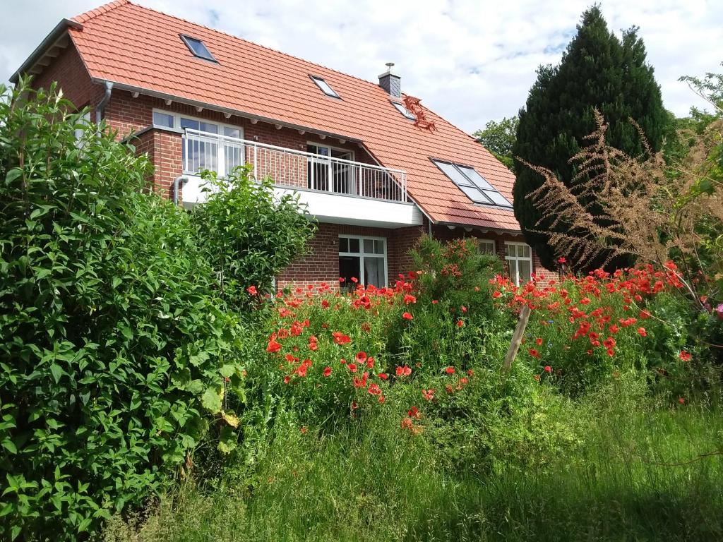 SehlenHaus Rosengarten- Ruhige Ferienwohnungen im Grünen的前面有花田的房子