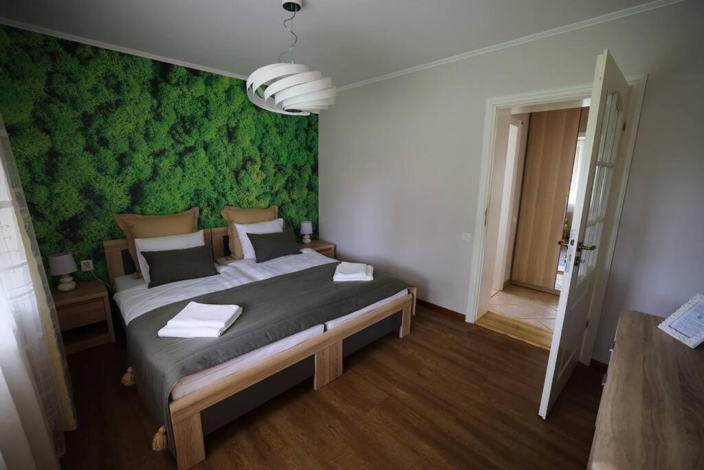 采西斯Greenland Apartments的一间卧室设有一张大床和绿色的墙壁