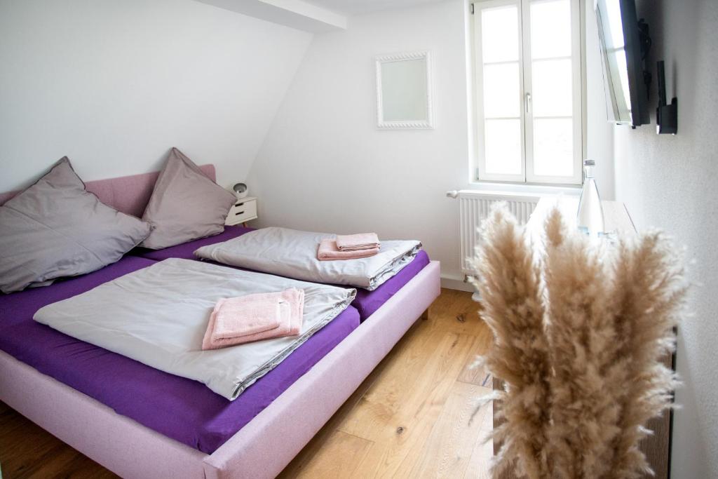 布鲁赫萨尔Anni`s Inn的一张带粉红色和白色枕头的床