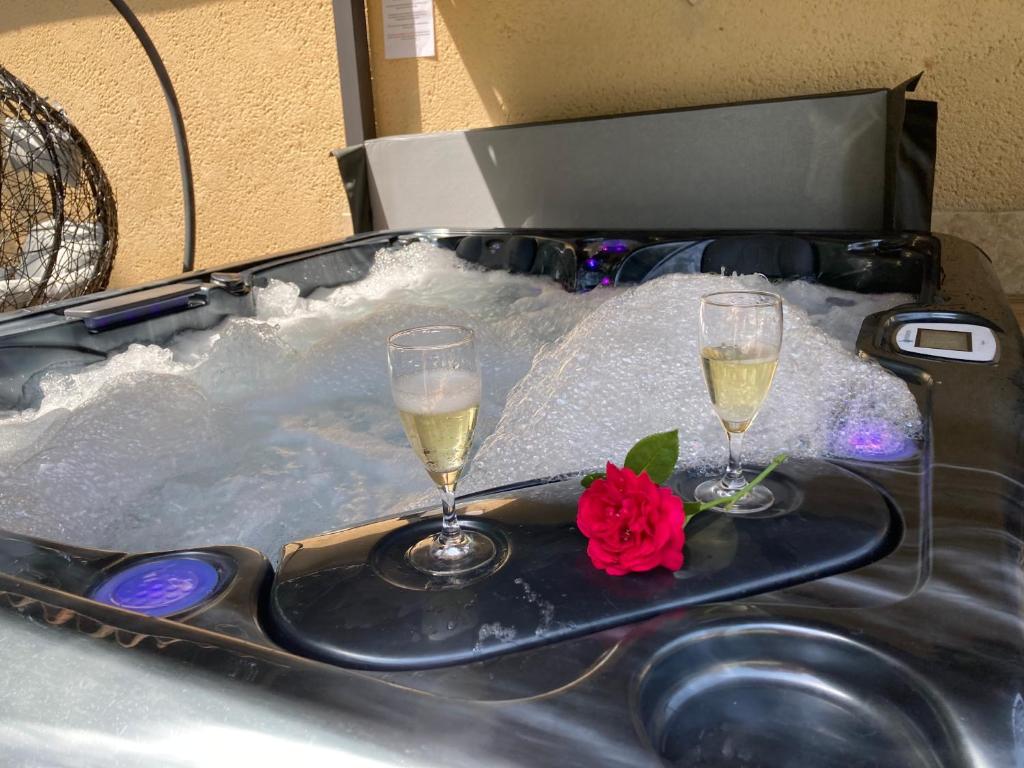 Frayssinet-le-GélatGîte des Combes Blanches avec piscine et jacuzzi的两杯香槟和一朵玫瑰花在热水浴缸中