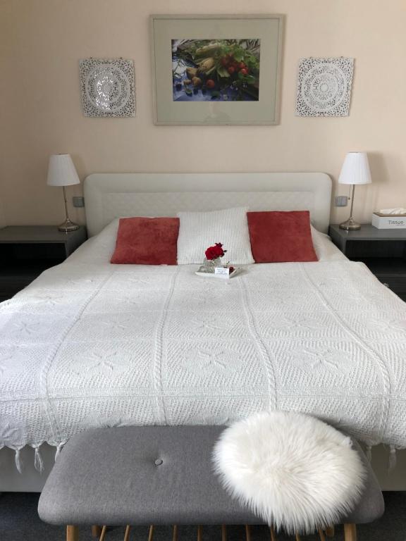 玛丽亚温泉Pension a restaurace Filip II的卧室配有白色床和2个红色枕头