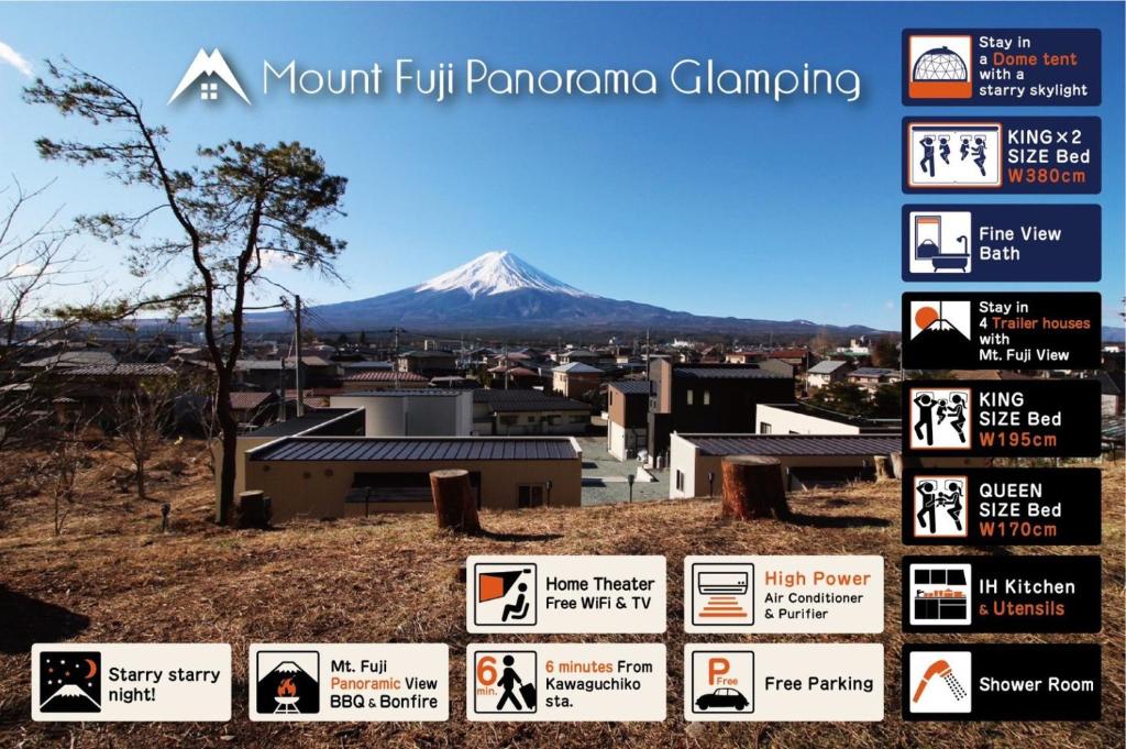 富士河口湖Mount Fuji Panorama Glamping的山的一大片路标