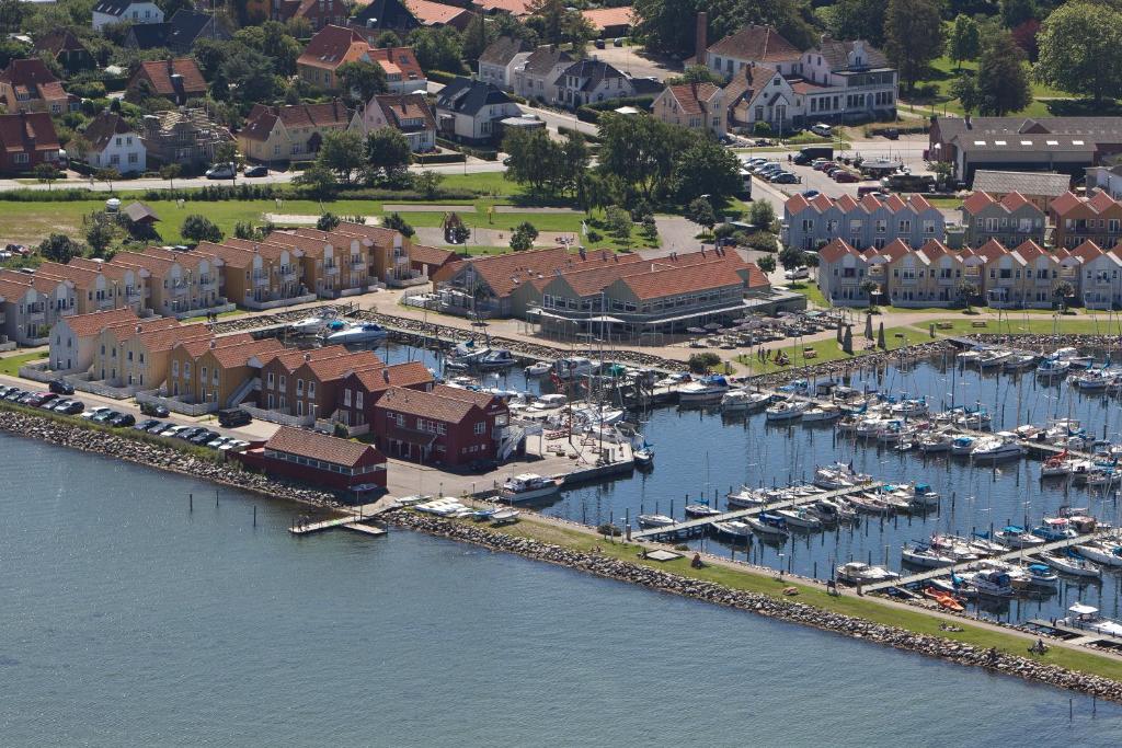 鲁德克丙鲁兹克宾港酒店的享有码头的空中景致,设有船只和建筑
