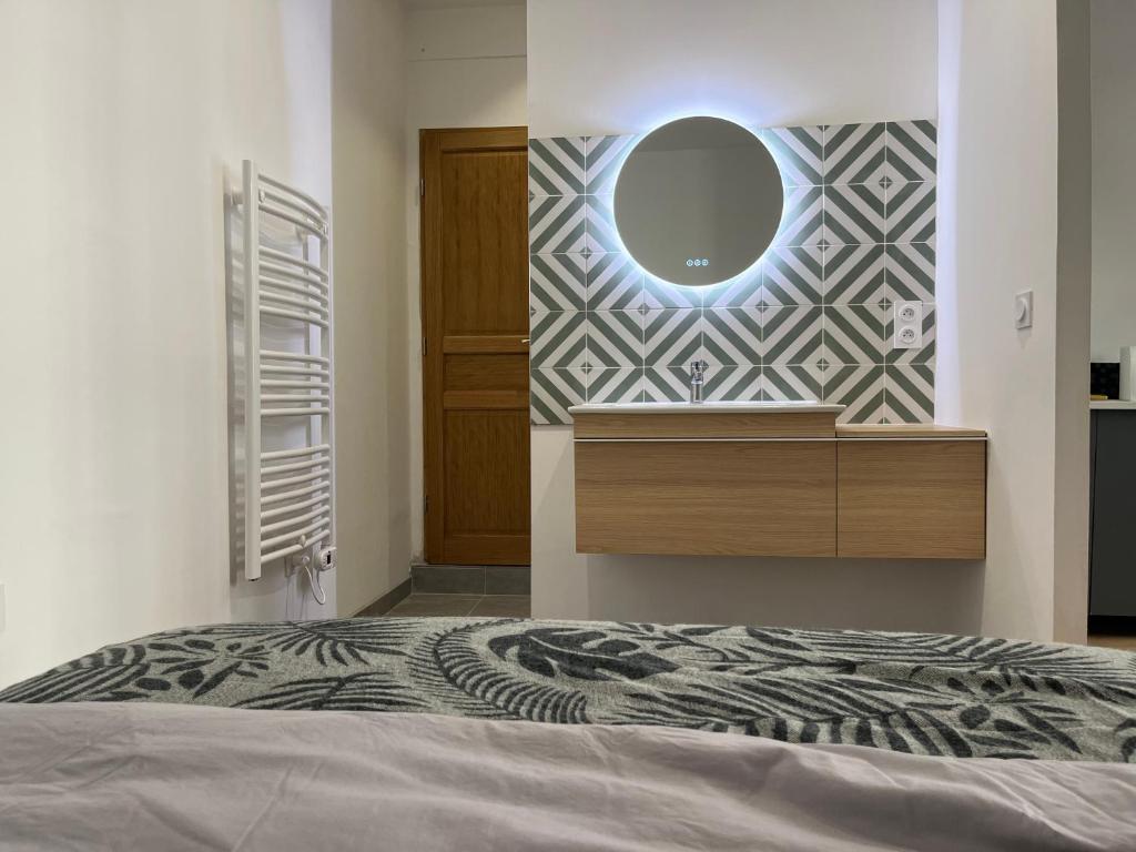 巴约讷Studio centre Bayonne的一间卧室配有一张床,墙上设有镜子