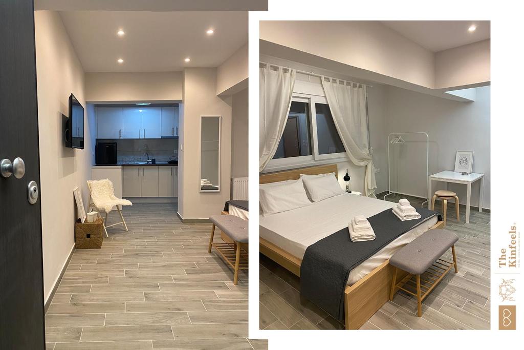拉里萨Design downtown suite (K2)的一张床位和厨房的卧室两张图片