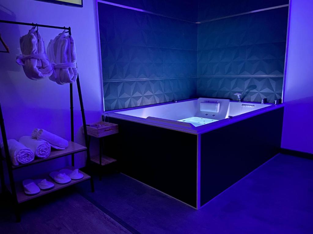 Privilège Spa, jacuzzi & Sauna的紫色浴室设有浴缸和水槽
