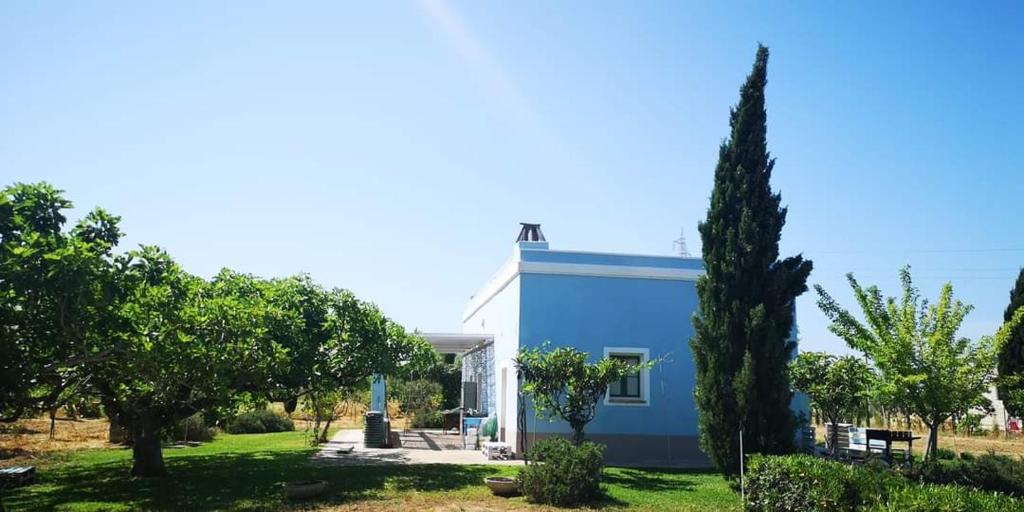 梅利萨诺Le Cernicole的前面有树木的蓝色房子