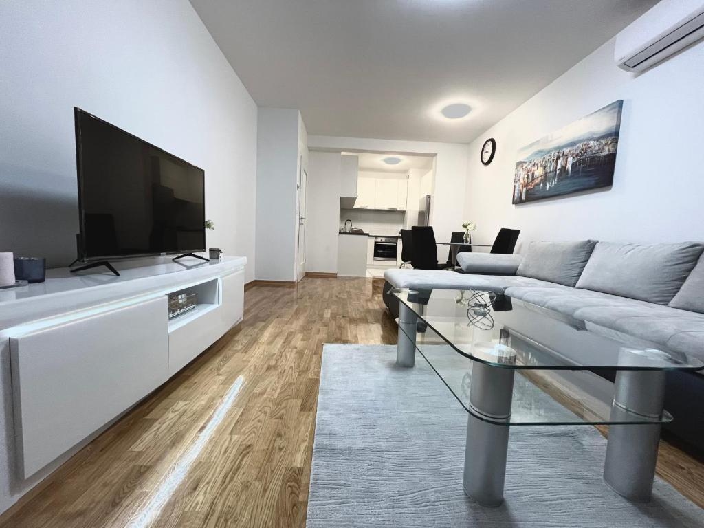 萨格勒布Apartman Anton的带沙发和平面电视的客厅