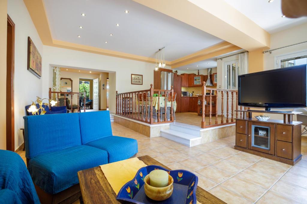 佩塔里德海昂Gold n Blu Petalidi的客厅配有蓝色的沙发和电视