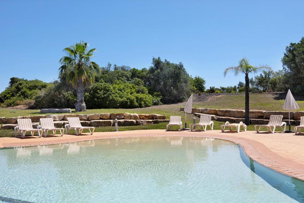 卡武埃鲁Pestana Gramacho Residence T2的一个带椅子的游泳池和一组棕榈树