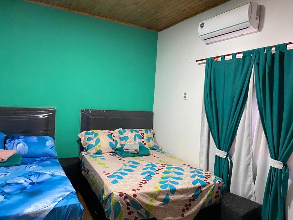 恩卡纳西翁Hospedaje La Perla的一间卧室设有两张床,窗户拥有绿色的墙壁。