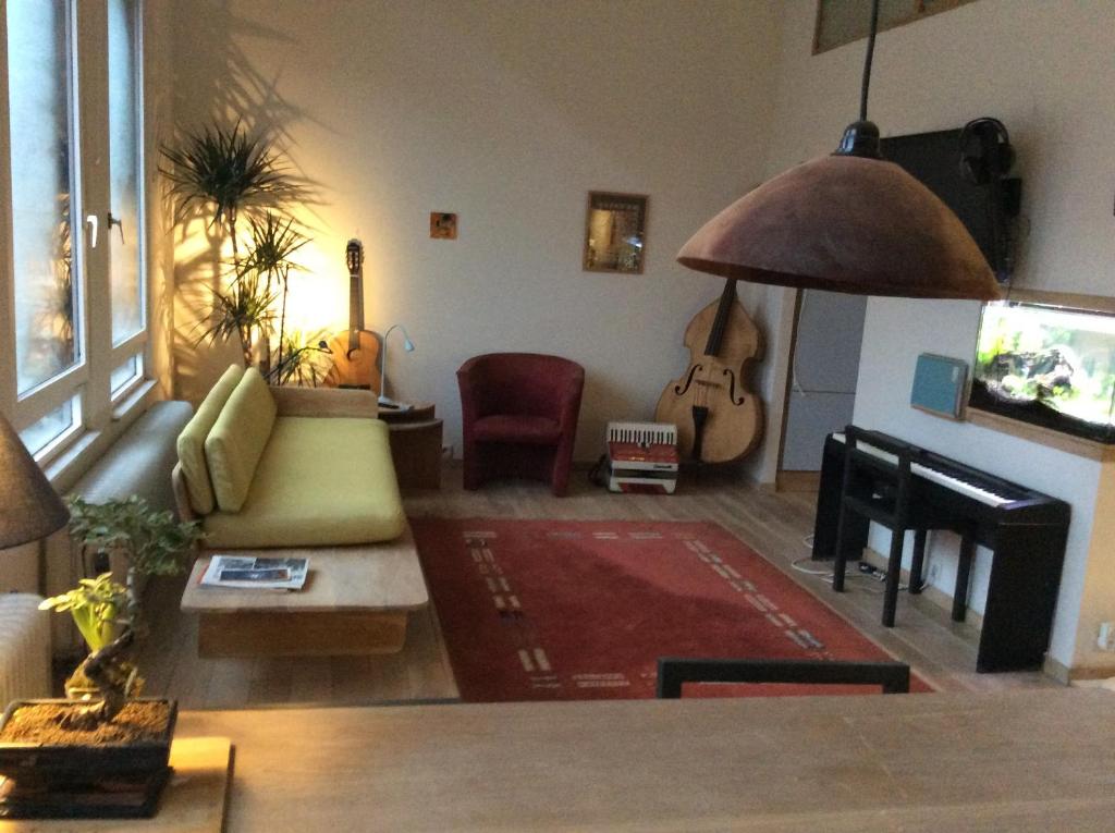 安特卫普Historical center Antwerp, all on foot的带沙发和吉他的客厅
