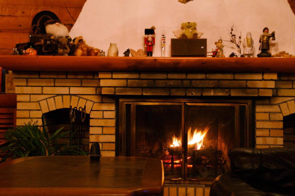 富士见町托姆布克图山林小屋的带壁炉的客厅