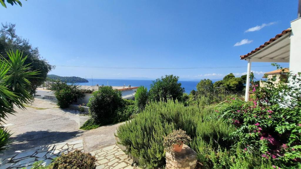 克里奥斯Syraino的享有花园的景色,背景是大海