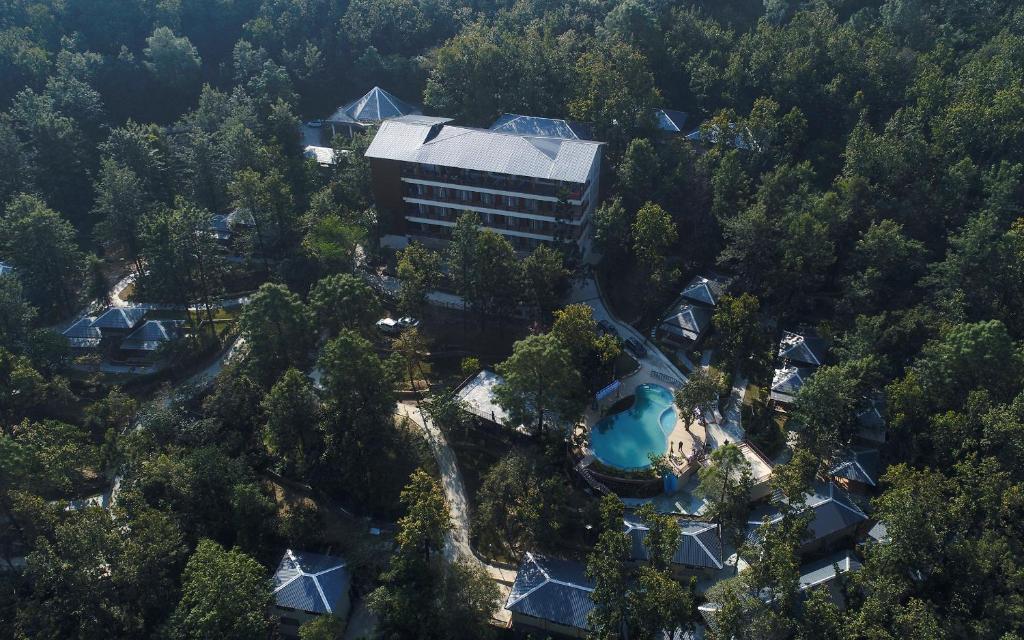 德拉敦Punarnava Wellness Resort & Spa的森林中建筑物的空中景观