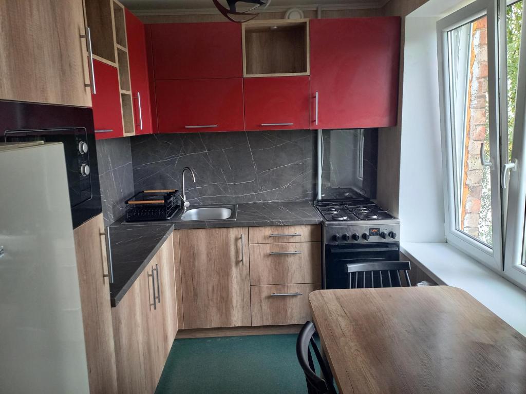 陶格夫匹尔斯Kandavas Street City Center Apartment的一个带红色橱柜和水槽的小厨房