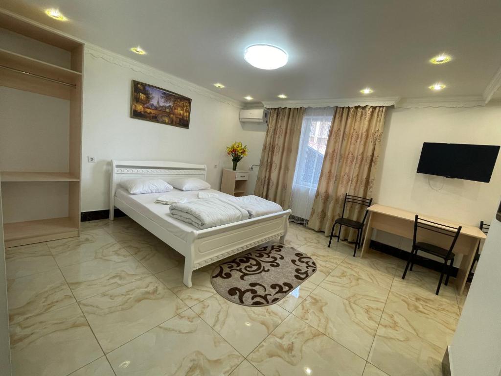 乌曼岛Shaarei Zion的一间卧室配有一张床、一张书桌和一台电视