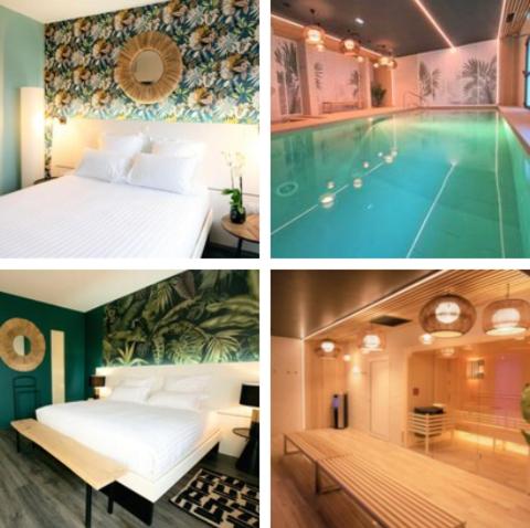 瓦讷PADJA Hôtel & Spa Vannes的卧室和游泳池的四幅图片拼贴