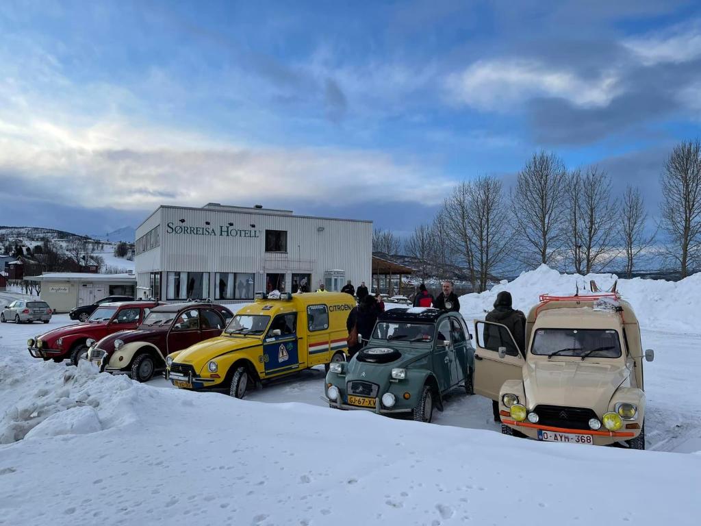 NordstraumenSørreisa Hotell的一群停在雪地停车场的汽车