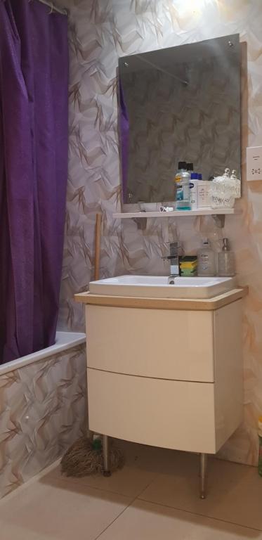 伦敦Jadwin Beautiful Room Share toilet 2 people的一间带水槽和紫色淋浴帘的浴室