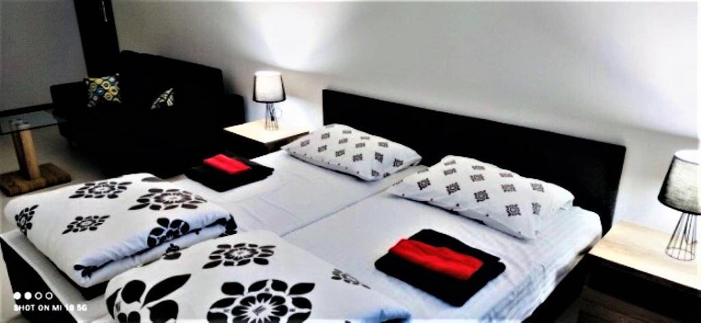 沃姆扎Pokoje KRASKA 36的一间卧室配有两张带黑白枕头的床