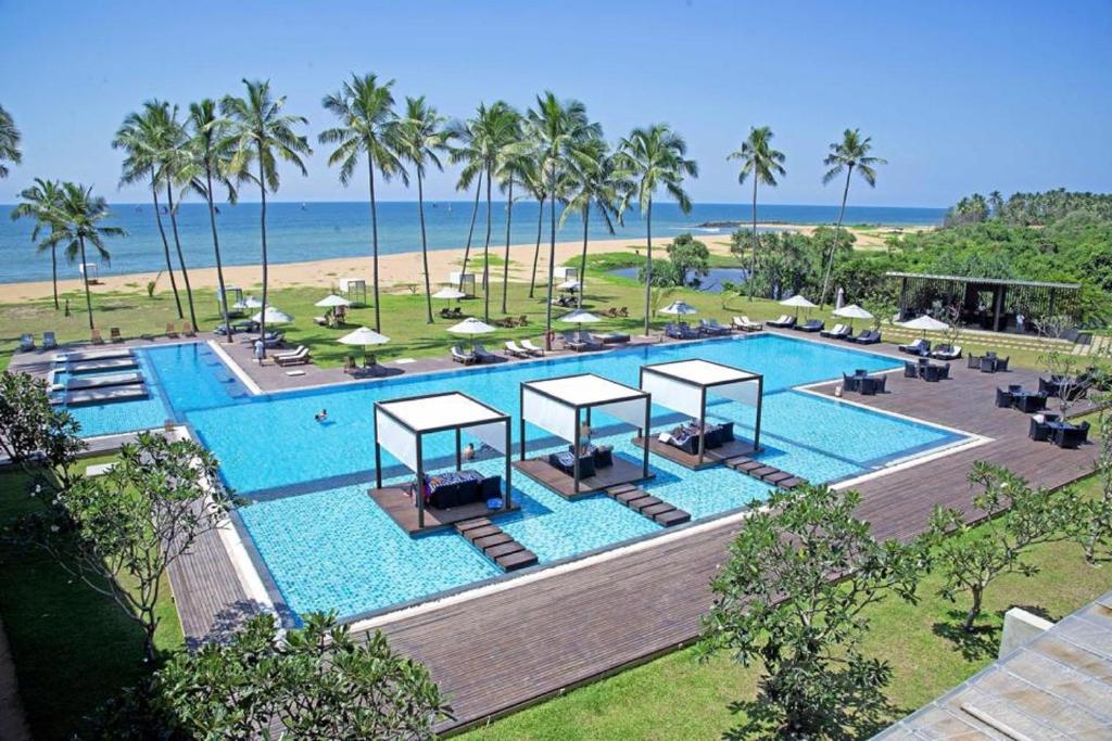 瓦伊卡尔素里亚度假酒店的享有棕榈树游泳池和大海的顶部景致