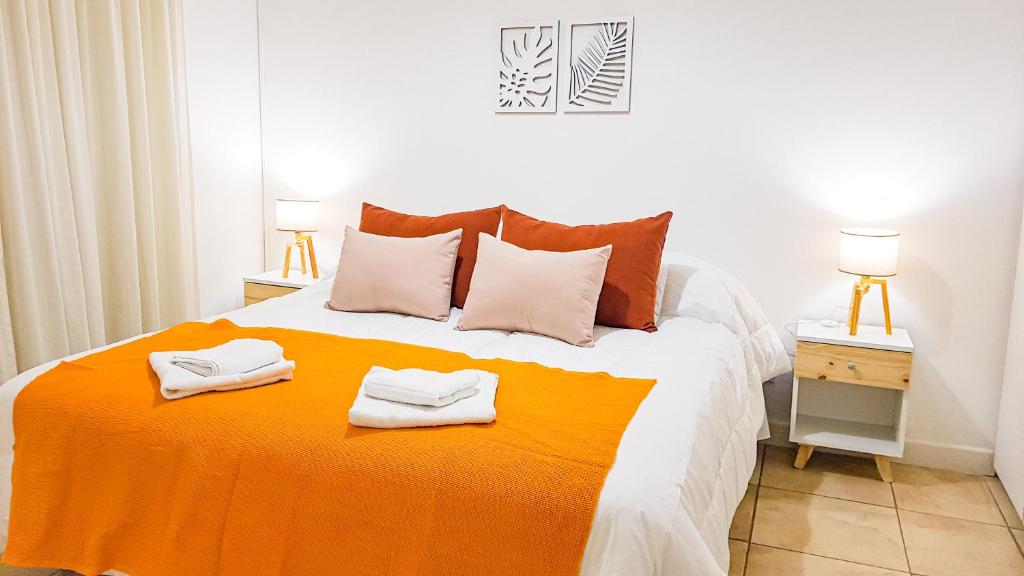 门多萨Casa Huesped Mendoza Modernismo y confort en este hermoso apartamento !!的一间卧室配有一张床,上面有两条毛巾